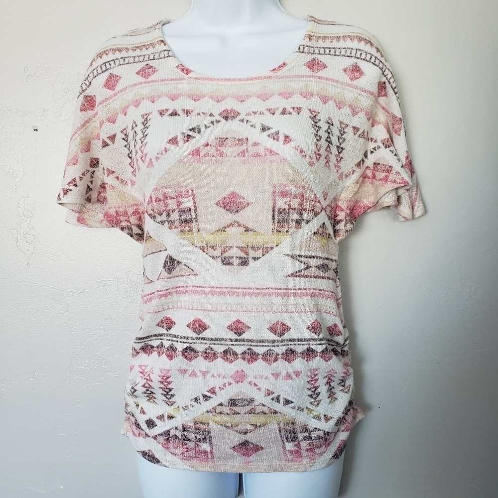 Maurices XS Short Sleeve Shirt Pink White Brown Aztec Strappy Back
